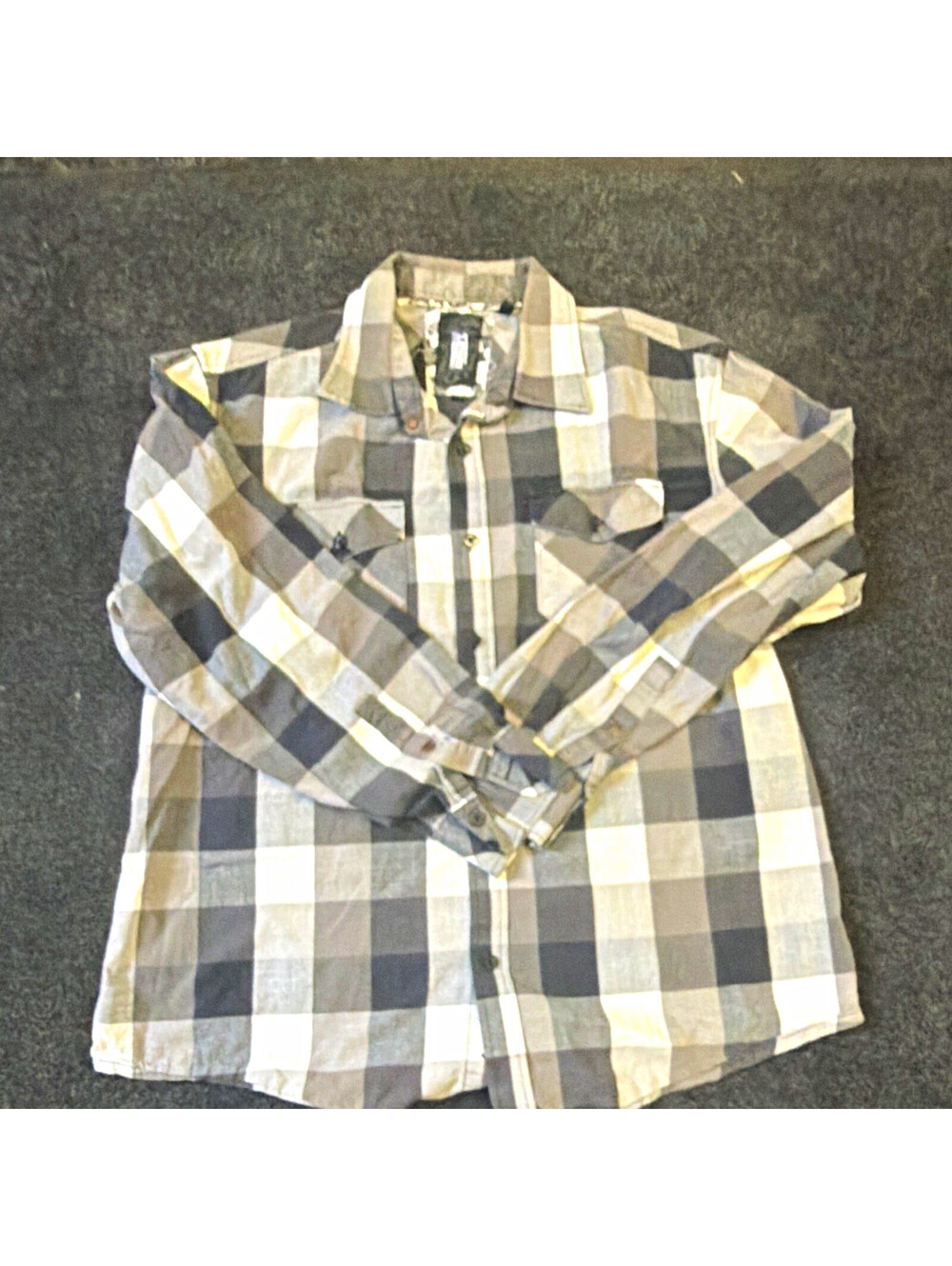Ocean current Men's L Gray Black White Plaid Cotton Button-Up Shirt Pockets